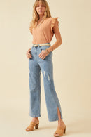 HY6153W Light Denim Plus Side Slit Distressed Bootcut Stretch Denim Full Body