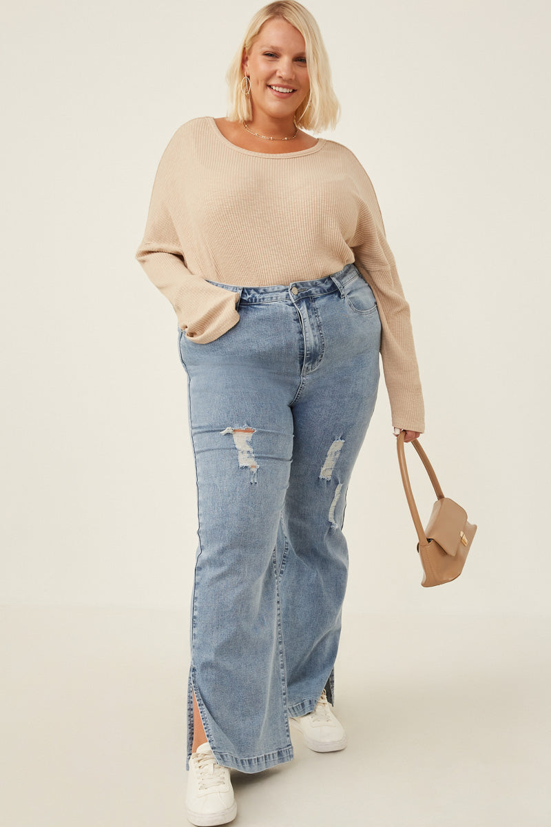 HY6153 Light Denim Womens Side Slit Distressed Bootcut Stretch Denim Full Body