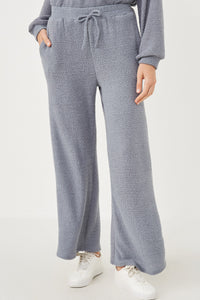 HY6157 Blue Womens Elastic Waist Drawstring Wideleg Fleece Pants Front