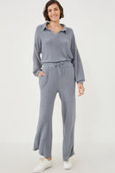 HY6157 Mauve Womens Elastic Waist Drawstring Wideleg Fleece Pants Full Body