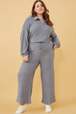 HY6157 Blue Womens Elastic Waist Drawstring Wideleg Fleece Pants Full Body