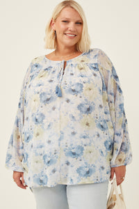 HY6162 Blue Womens Dolman Sleeve Tie Front Floral Chiffon Top Front