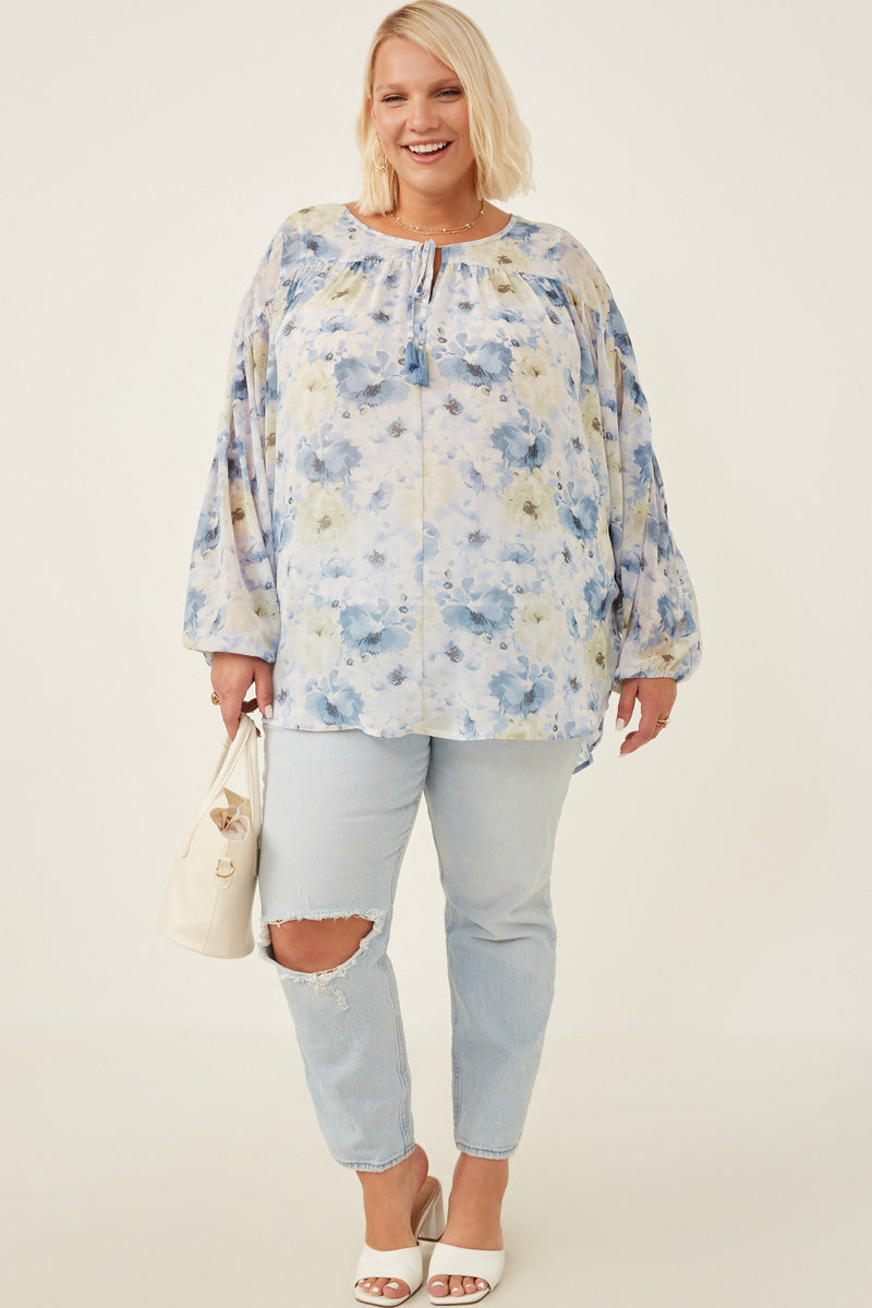 HY6162 Blue Womens Dolman Sleeve Tie Front Floral Chiffon Top Detail