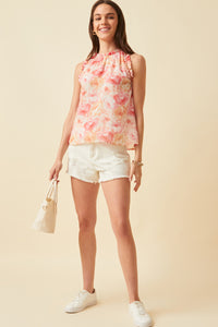 HY6163 Pink Womens Ruffle Trimmed Floral Chiffon Tank Front