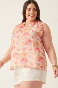 HY6163 Blue Womens Ruffle Trimmed Floral Chiffon Tank Full Body