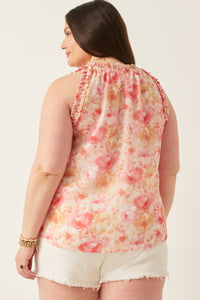 HY6163 Blue Womens Ruffle Trimmed Floral Chiffon Tank Side