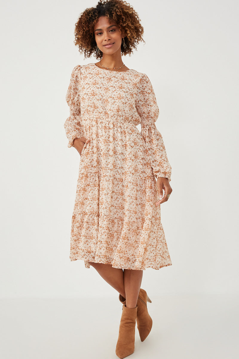 Floral Print Smocked Sleeve Midi Dress