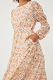 HY6168 Taupe Womens Floral Print Smocked Sleeve Midi Dress Detail