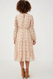 HY6168 Taupe Womens Floral Print Smocked Sleeve Midi Dress Back