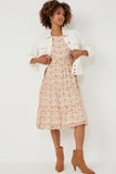 HY6168 Taupe Womens Floral Print Smocked Sleeve Midi Dress Full Body