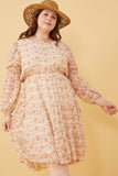 HY6168W Taupe Plus Floral Print Smocked Sleeve Midi Dress Pose