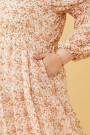 HY6168W Taupe Plus Floral Print Smocked Sleeve Midi Dress Gif