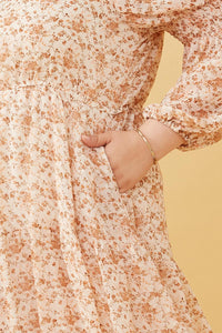 HY6168W Taupe Plus Floral Print Smocked Sleeve Midi Dress Gif