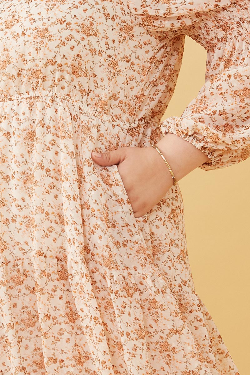 HY6168W Taupe Plus Floral Print Smocked Sleeve Midi Dress Gif