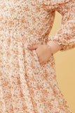 HY6168W Taupe Plus Floral Print Smocked Sleeve Midi Dress Gif