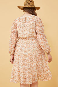 HY6168W Taupe Plus Floral Print Smocked Sleeve Midi Dress Front