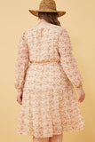 HY6168W Taupe Plus Floral Print Smocked Sleeve Midi Dress Front