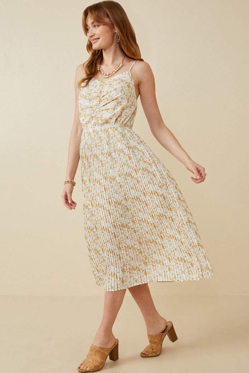 HY6169 TAUPE Plus Floral Print Pleated Skirt Tank Dress Full Body