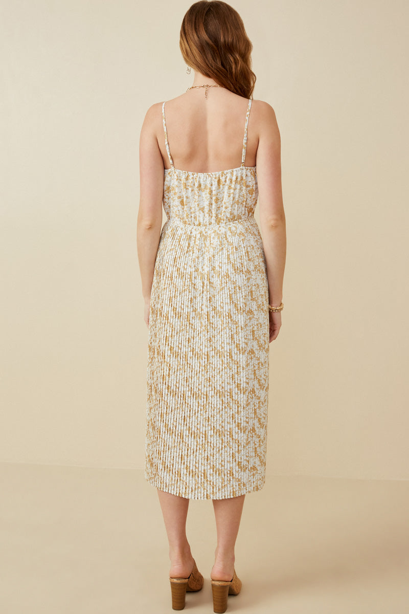 HY6169W TAUPE Plus Floral Print Pleated Skirt Tank Dress Front