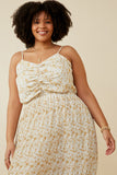 HY6169 TAUPE Plus Floral Print Pleated Skirt Tank Dress Full Body