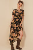 HY6179 Black Womens Romantic Floral Cinch Waist Asymmetric Hem Dress Full Body