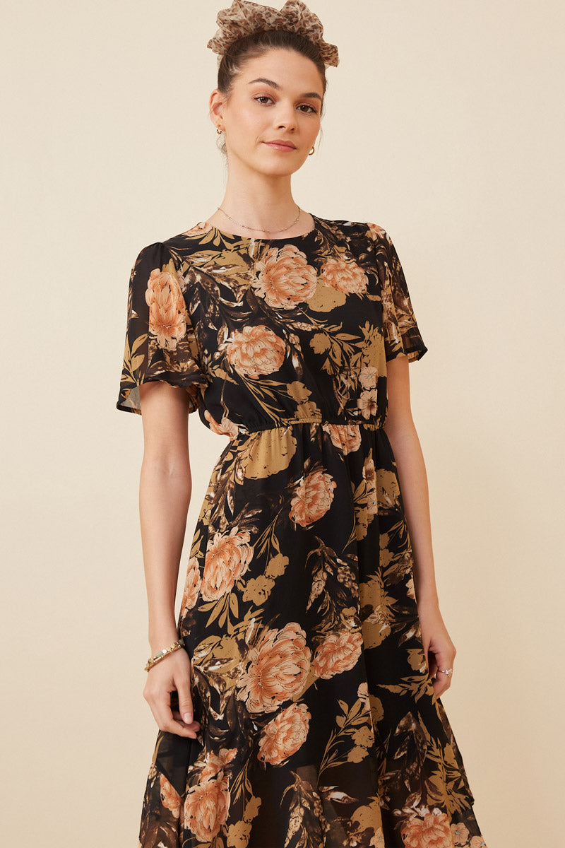 floral short sleeve asymmetrical hem midi dress Floral Short Sleeve Midi Dress