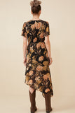 HY6179W Black Plus Romantic Floral Cinch Waist Asymmetric Hem Dress Front