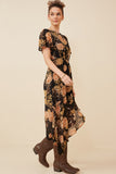 HY6179W Black Plus Romantic Floral Cinch Waist Asymmetric Hem Dress Back