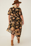 HY6179 Black Womens Romantic Floral Cinch Waist Asymmetric Hem Dress Back