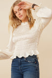 HY6182 Champagne Womens Ruffle Neck Gathered And Smocked Top Front