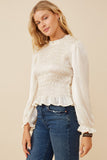 HY6182W Ivory Womens Ruffle Neck Gathered And Smocked Top Back