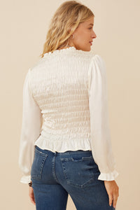 HY6182 Forest Womens Ruffle Neck Gathered And Smocked Top Gif