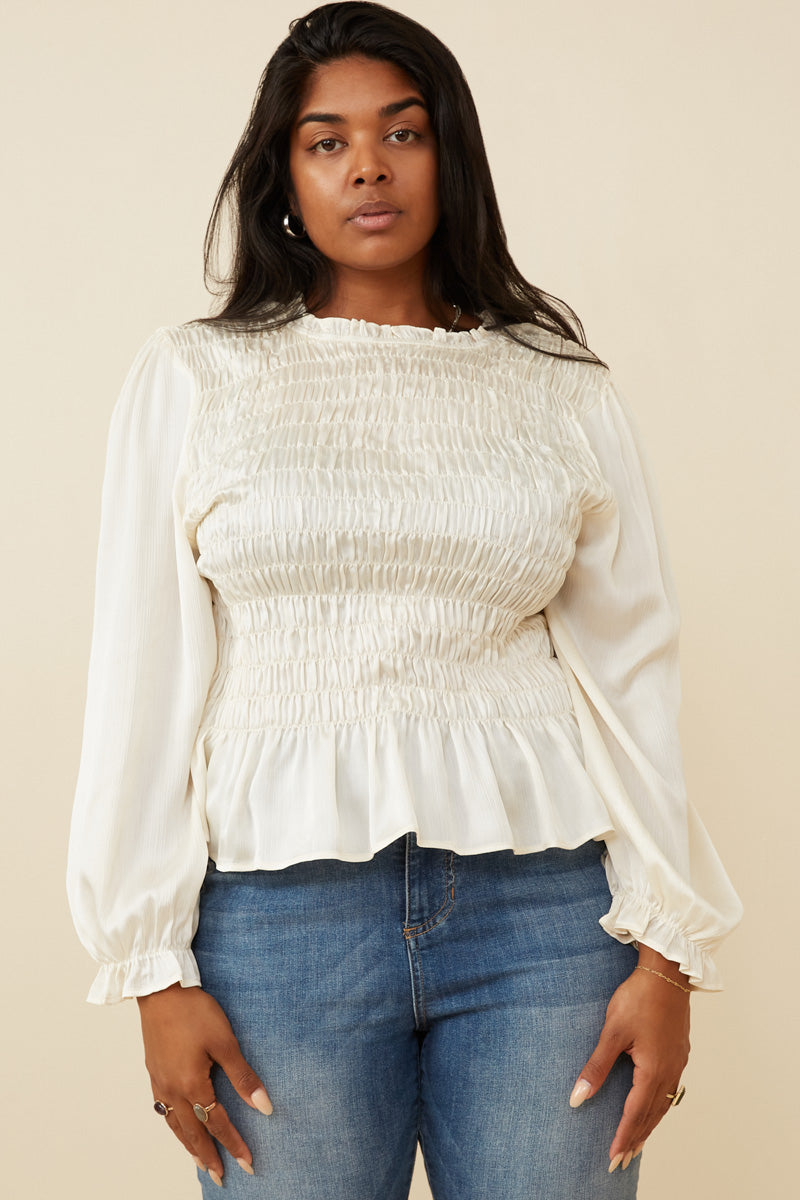 Ruffle Neck Gathered And Smocked Top