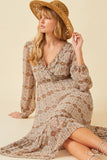 HY6195 Taupe Womens Printed Long Sleeve Ruffled Surplice Dress Front