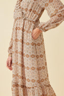 HY6195 Taupe Womens Printed Long Sleeve Ruffled Surplice Dress Detail