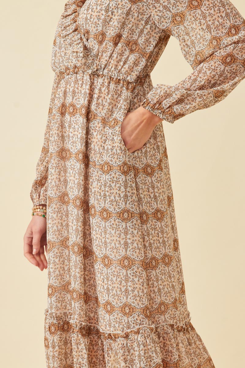 HY6195 Taupe Womens Printed Long Sleeve Ruffled Surplice Dress Detail