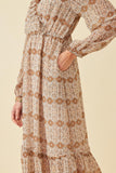HY6195 Taupe Womens Printed Long Sleeve Ruffled Surplice Dress Detail