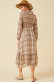 HY6195 Taupe Womens Printed Long Sleeve Ruffled Surplice Dress Back