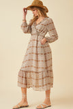 HY6195 Taupe Womens Printed Long Sleeve Ruffled Surplice Dress Side