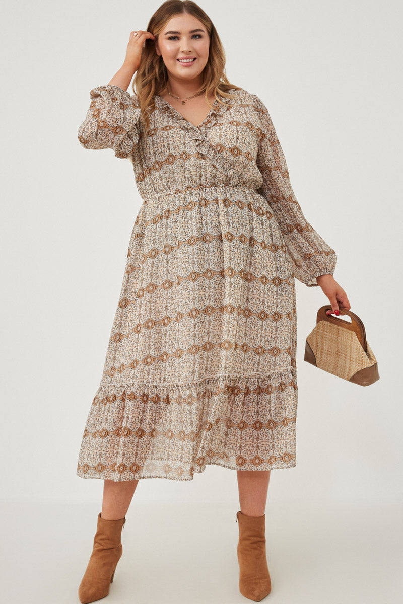 Printed Long Sleeve Ruffled Surplice Dress