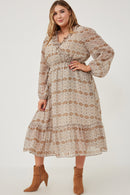 HY6195W Taupe Plus Printed Long Sleeve Ruffled Surplice Dress Gif