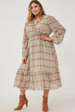 HY6195W Taupe Plus Printed Long Sleeve Ruffled Surplice Dress Gif