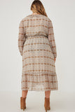 HY6195W Taupe Plus Printed Long Sleeve Ruffled Surplice Dress Front