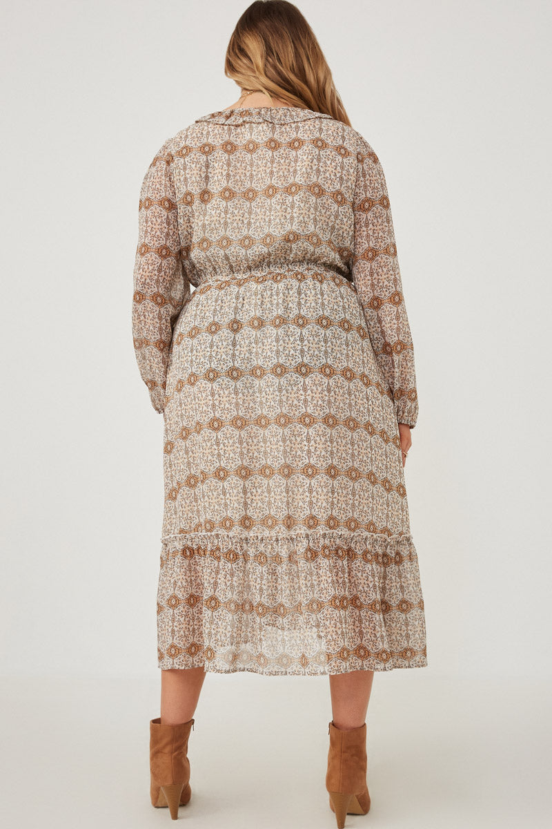 HY6195W Taupe Plus Printed Long Sleeve Ruffled Surplice Dress Front