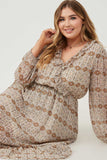 HY6195W Taupe Plus Printed Long Sleeve Ruffled Surplice Dress Side