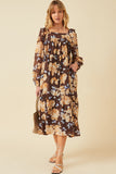 HY6200 Brown Womens Romantic Floral Square Neck Long Sleeve Dress Full Body