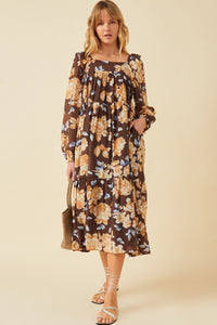 HY6200 Brown Womens Romantic Floral Square Neck Long Sleeve Dress Full Body