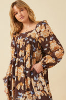 HY6200W Brown Plus Romantic Floral Square Neck Long Sleeve Dress Detail