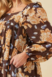 HY6200W Brown Plus Romantic Floral Square Neck Long Sleeve Dress Back