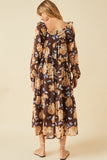 HY6200W Brown Plus Romantic Floral Square Neck Long Sleeve Dress Alternate Angle